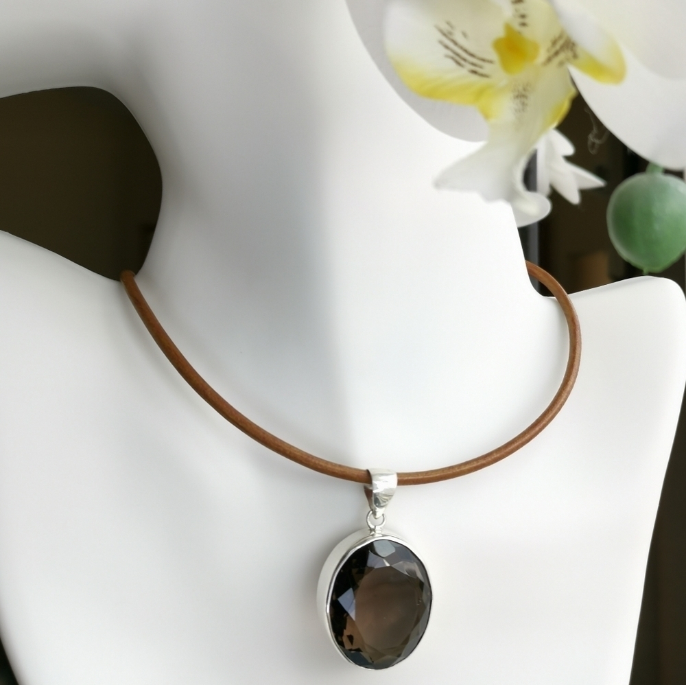 Large Smokey Topaz pendant necklace in Sterling Silver